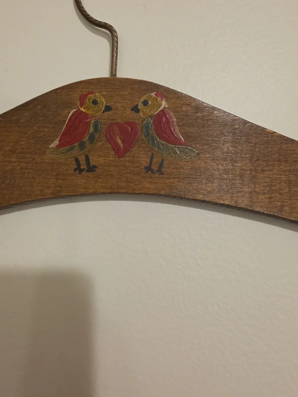 Vintage Hand Painted Wooden Hanger Lovebirds Heart Flowers Bridal Wedding Dress